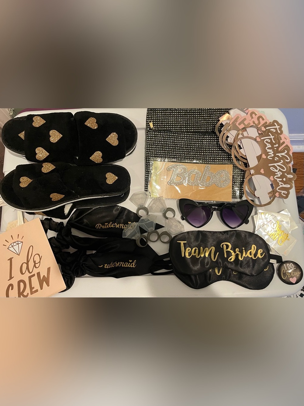 Bachelorette Bridesmaid essentials hot glasses scrunchies eye masks bags